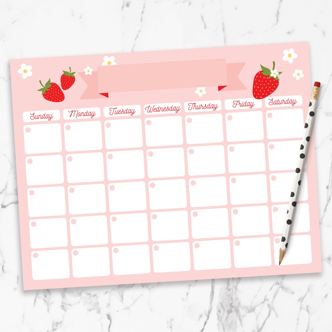 Strawberry Calendar Printable Open Monthly Desk to Do Planner Calendar