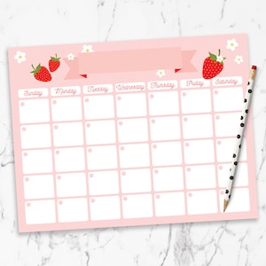 Calendrier des fraises - Calendrier de bureau mensuel ouvert imprimable à faire aux fraises - Tableau de planification de fête aux fraises sucrées aux baies - 0013