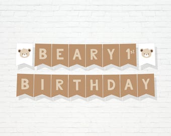 Beary 1st Birthday Banner - Printable Beary First 1st Birthday ONE Bunting Banner - Teddy Bear Picnic Party Decor - One Happy Camper - 0116