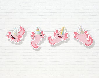 Banner de axolotl: linda salamandra axolotl rosa imprimible con sombreros de fiesta Guirnalda para fiesta de cumpleaños: personalizable Fiesta submarina para niñas - 0134