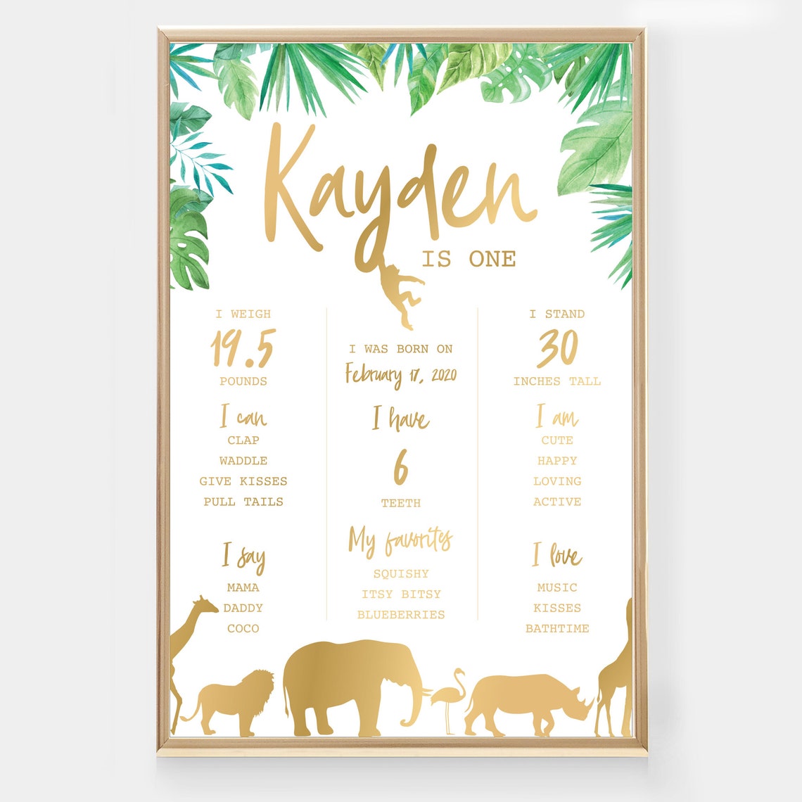 Gold Jungle Animal Safari 1st Birthday Party Milestone Poster - Etsy