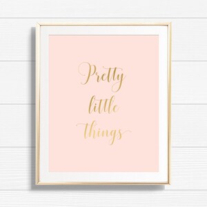 May include: A framed print with a pink background and gold lettering that reads "Pretty little things".