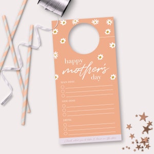 Accroche-porte menu fête des mères - cadeau imprimable pour une fête des mères heureuse par les enfants - carte petit-déjeuner au lit pour maman - cadeau imprimable maman - mai 2021