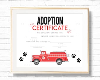 Dalmatian Certification of Adoption - Printable FireHouse Pet Adopt a Pet Birthday Party Art Print - Firetruck Fire engine Decor - 0121