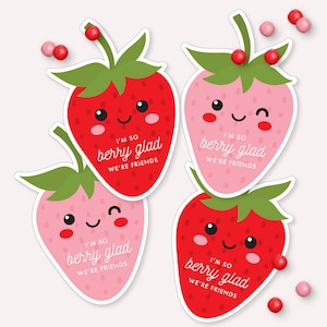 Tarjeta de San Valentín con bayas dulces y fresas - Tarjeta imprimible con bayas y fresas para el aula de los niños - Etiqueta de regalo - 0013