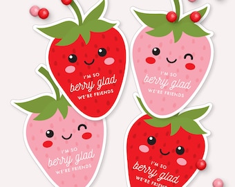 Berry sweet Strawberry Valentine - Printable berry glad we're friends strawberry Kids Classroom Valentines Day Card - gift Tag - 0013
