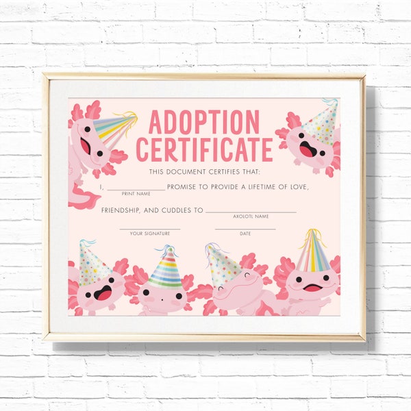 Axolotl Certification of Adoption - Printable Adopt a Pet Birthday Party Art Print - Pink under the water salamander Animal Decor  - 0134