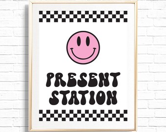 Present Station Sign - Printable One Happy Girl Gift Table Birthday Party Decor Sign - Smile Happy Face Hippie 90's Art Print - 0111