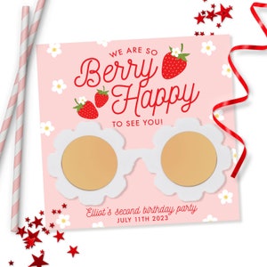 Strawberry Sunglasses Card - Printable Berry Sweet Birthday Party Favor Gift - Customizable Strawberry Daisy Decor - Sweet One Theme - 0013