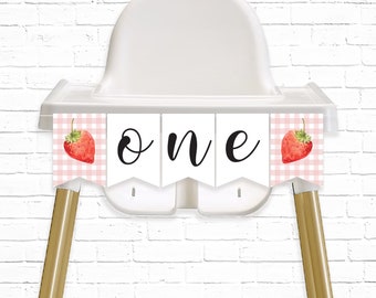 Strawberry Highchair Banner - Printable Sweet Strawberry 1st Birthday ONE Bunting Banner - Very Berry First Party Decor - Instant - 0013