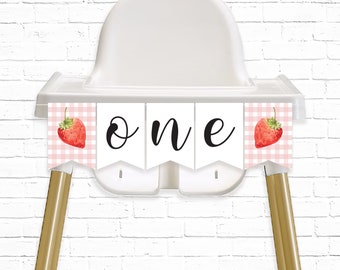 Bannière de chaise haute aux fraises - Printable Sweet Strawberry 1st Birthday ONE Bunting Banner - Very Berry First Party Decor - Instant - 0013