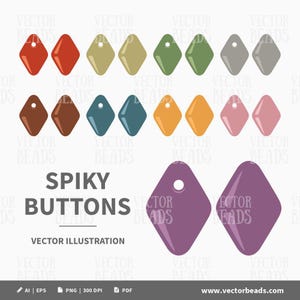 Könnte beinhalten: Eine Sammlung von rautenförmigen, stacheligen Knöpfen in verschiedenen Farben, darunter Rot, Braun, Grün und Rosa. Das Bild enthält den Text "SPIKY BUTTONS" und "VECTOR ILLUSTRATION".