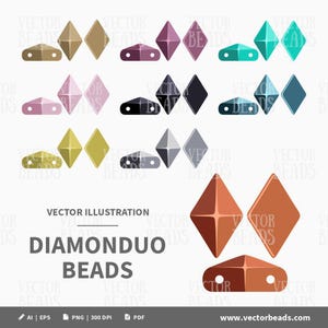 Puede incluir: Una colección de cuentas DiamondDuo en varios colores, incluyendo marrón, dorado, morado, verde azulado y negro. La imagen también presenta el texto "DiamondDuo Beads" y "Vector Illustration."