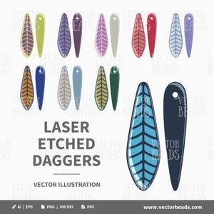 May include: A collection of laser-etched dagger-shaped designs in various colors, including blue, purple, green, and red. The designs feature leaf-like patterns. The text "LASER ETCHED DAGGERS" and "VECTOR ILLUSTRATION" are also present.