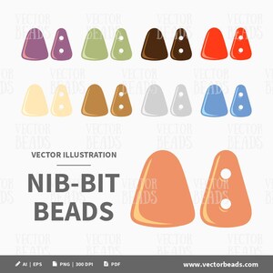 May include: A collection of colorful, stylized bead illustrations in various shades, including purple, green, brown, and orange. The design features the text "NIB-BIT BEADS" and "VECTOR ILLUSTRATION".