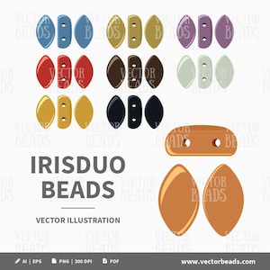 May include: A selection of Irisduo beads in shades of blue, gold, red, brown, and black. The beads are designed with a distinctive shape and two holes for threading. The image also features the text "Irisduo Beads" and "Vector Illustration."