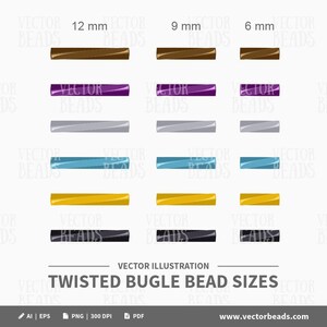 May include: Illustration of twisted bugle beads in various colors and sizes. The beads are shown in brown, purple, silver, teal, yellow, and black. Sizes include 12 mm, 9 mm, and 6 mm. The text "Twisted Bugle Bead Sizes" is displayed.