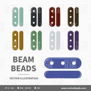 May include: A collection of colorful beam beads in various shades, including green, brown, and purple. The image also features a blue beam bead and the text "BEAM BEADS" and "VECTOR ILLUSTRATION".