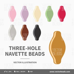 May include: A collection of three-hole navette beads in various colors, including pink, purple, yellow, green, and red. Additional beads are silver, brown, black, and gold. The image includes the text "THREE-HOLE NAVETTE BEADS."