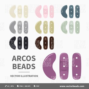 Könnte beinhalten: Eine Vektorillustration von Arcos-Perlen in verschiedenen Farben, darunter Creme, Rosa, Grau, Olive und Lila. Das Design umfasst gebogene und rechteckige Perlenformen. Der Text lautet "ARCOS BEADS" und "VECTOR ILLUSTRATION".