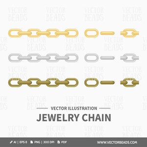 May include: A vector illustration of jewelry chains in gold, silver, and bronze. The image shows different chain link styles, including connected links and individual components. The text "JEWELRY CHAIN" is displayed below the chains.