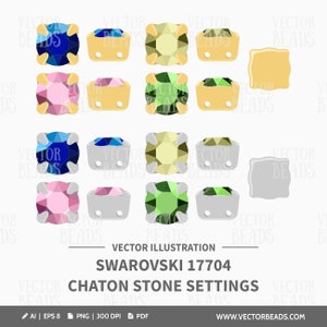 Może przedstawiać: Ilustracja Swarovski 17704 Chaton Stone Settings. Obraz przedstawia różne kolorowe kamienie szlachetne, w tym niebieskie, różowe, zielone i żółte, osadzone w złotych i srebrnych metalowych oprawach. Widoczny jest również tekst "VECTOR ILLUSTRATION" i "WWW.VECTORBEADS.COM".