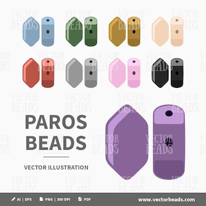 May include: A collection of colorful Paros beads in various shapes and hues, including blue, green, yellow, and pink. The image also features the text "PAROS BEADS" and "VECTOR ILLUSTRATION."