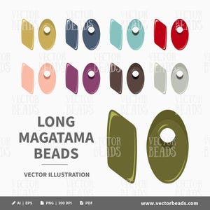 Op de afbeelding: Een verzameling lange magatama-kralen in verschillende kleuren, waaronder goud, blauw, teal, rood, roze, paars, bruin en grijs. De afbeelding bevat de tekst "LONG MAGATAMA BEADS" en "VECTOR ILLUSTRATION". De website www.vectorbeads.com is ook zichtbaar.