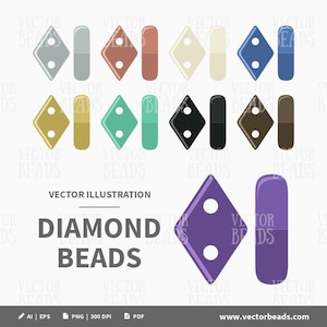 Könnte beinhalten: Vektorillustration von rautenförmigen Perlen in verschiedenen Farben, darunter Silber, Kupfer, Creme, Blau, Gold, Türkis, Schwarz und Braun. Jede Perle hat zwei weiße Punkte. Das Bild enthält auch eine violette Rautenperle und eine violette rechteckige Perle. Text: "Diamond Beads."