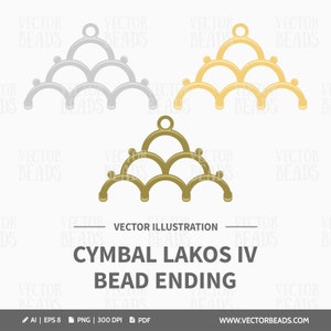 May include: A vector illustration of three metal bead endings in silver, gold, and bronze. The design features a series of connected arches with a loop at the top for stringing. The text reads "CYMBAL LAKOS IV BEAD ENDING."