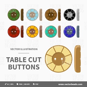 Könnte beinhalten: Vektorillustration von Tisch-Schnitt-Knöpfen in verschiedenen Farben, darunter Grün, Blau, Braun, Rot, Gelb und Schwarz. Die Knöpfe werden aus verschiedenen Blickwinkeln gezeigt, mit dem Text "TABLE CUT BUTTONS" darunter.