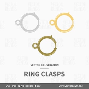 May include: A vector illustration showing three ring clasps in silver, gold, and bronze. The clasps are circular with a small loop and a notched opening. The text "RING CLASPS" is below the clasps.