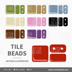 May include: A collection of colorful tile beads in various shapes and sizes, including squares and rectangles, in shades of green, brown, pink, black, and red. The image includes the text "TILE BEADS" and "VECTOR ILLUSTRATION".
