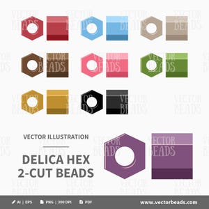 May include: A vector illustration of Delica Hex 2-Cut beads in various colors, including red, blue, brown, pink, green, gold, black, and purple. Each bead has a hexagonal shape with a circular hole. The image also includes a square of the same color next to each bead.