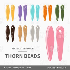 Könnte beinhalten: Eine Sammlung von dornenförmigen Perlen in verschiedenen Farben, darunter Gelb, Lila, Türkis, Orange, Grün, Braun, Beige, Silber und Rosa. Jede Perle hat ein Loch zum Auffädeln. Der Text "THORN BEADS" ist darunter abgebildet.