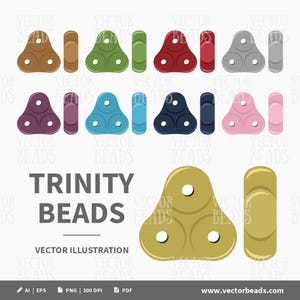 May include: A vector illustration of Trinity beads in various colors, including brown, green, red, gray, purple, blue, navy, and pink. Each bead has three holes and is paired with a matching bar. The image includes the text "TRINITY BEADS".