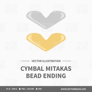 Puede incluir: Ilustración vectorial de dos terminaciones de cuentas de platillo mitakas, una plateada y otra dorada. El texto dice "CYMBAL MITAKAS BEAD ENDING" y "VECTOR ILLUSTRATION". También se ve el sitio web www.vectorbeads.com.