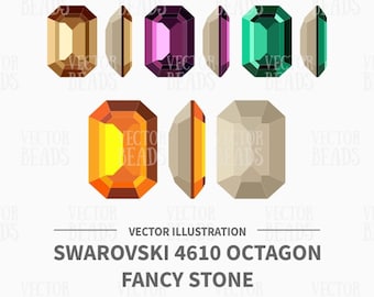 Vector Flat Illustration of Swarovski 4610 Octagon Fancy Stones - Digital Clipart Set