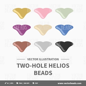 May include: A collection of nine two-hole Helios beads in various colors, including gold, pink, green, purple, cream, blue, brown, silver, and black. The image includes the text "Two-Hole Helios Beads" and "Vector Illustration."