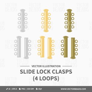 May include: Vector illustration of slide lock clasps with four loops in silver, gold, and bronze colors. The clasps are shown in both assembled and separated configurations. The text reads "SLIDE LOCK CLASPS (4 LOOPS)" and "VECTOR ILLUSTRATION".