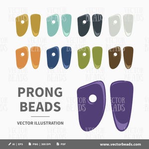 May include: An illustration of prong beads in a range of colours: yellow, teal, black, white, orange, blue, green, and brown. Two purple beads are also shown. The image includes the text "PRONG BEADS" and "VECTOR ILLUSTRATION".