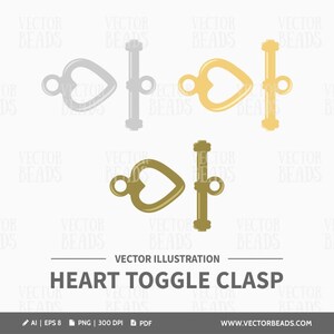 Può includere: Illustrazione vettoriale di chiusure a levetta a forma di cuore in argento, oro e bronzo. Le chiusure presentano un anello a forma di cuore e una barra cilindrica. Il testo in basso recita "Heart Toggle Clasp" e "Vector Illustration."