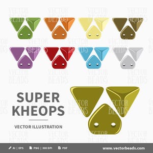 Puede incluir: Ilustración vectorial con diseños de cuentas triangulares y en forma de nariz de colores. La imagen incluye el texto "SUPER KHEOPS" y "VECTOR ILLUSTRATION". Se muestran varias combinaciones de colores, como verde, naranja, amarillo y morado.