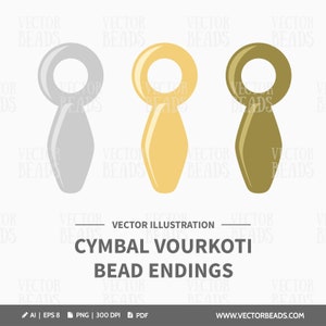 May include: Three vector illustrations of cymbal Vourkoti bead endings in silver, gold, and olive green. Each bead has a circular top and a teardrop-shaped body. The text "CYMBAL VOURKOTI BEAD ENDINGS" is below the illustrations.