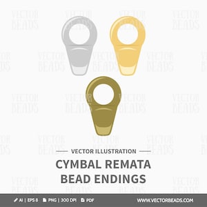 May include: Illustration of three cymbal remata bead endings in silver, gold, and bronze colors. The design includes a loop at the top and a tapered bottom. The text "CYMBAL REMATA BEAD ENDINGS" is below the illustrations.