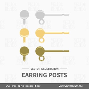 May include: A vector illustration of earring posts in silver, gold, and bronze. The design includes a round head, a post, and a small loop. The text "EARRING POSTS" is displayed below the illustration.
