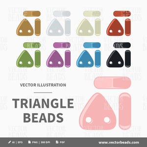May include: A vector illustration of triangle beads in various colors, including brown, gray, yellow, red, green, purple, blue, black, and pink. The text "TRIANGLE BEADS" is displayed below the beads.
