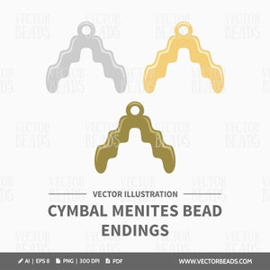 Puede incluir: Ilustración vectorial de tres terminaciones de cuentas de címbalos menites en plata, oro y bronce. El texto dice "CYMBAL MENITES BEAD ENDINGS" y "VECTOR ILLUSTRATION". La imagen es de vectorbeads.com.