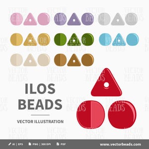 May include: A vector illustration of colorful beads in various shapes: circles, triangles, and half-circles. The beads are in shades of pink, purple, yellow, green, and blue. The text "ILOS BEADS" and "VECTOR ILLUSTRATION" are also present.
