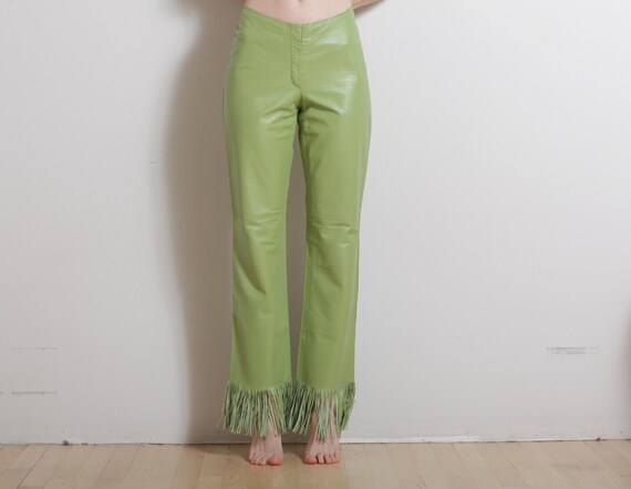 Leaf Lime Green Leather Fringe Bell Bottom Pants